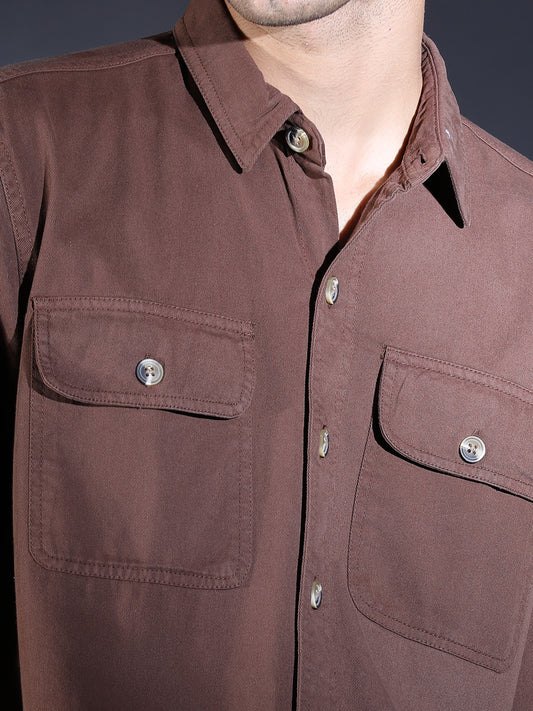 REGULAR FIT PLAIN DOUBLE POCKET SHIRT BROWN