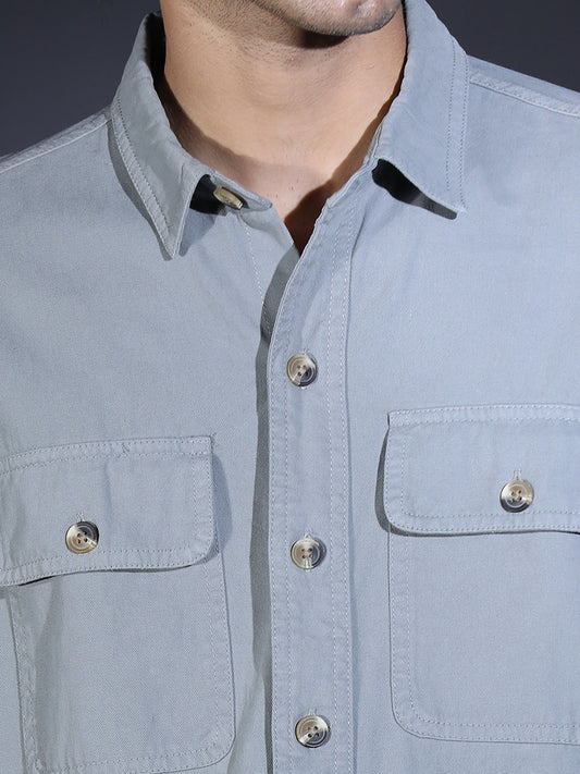 REGULAR FIT PLAIN DOUBLE POCKET SHIRT GREY