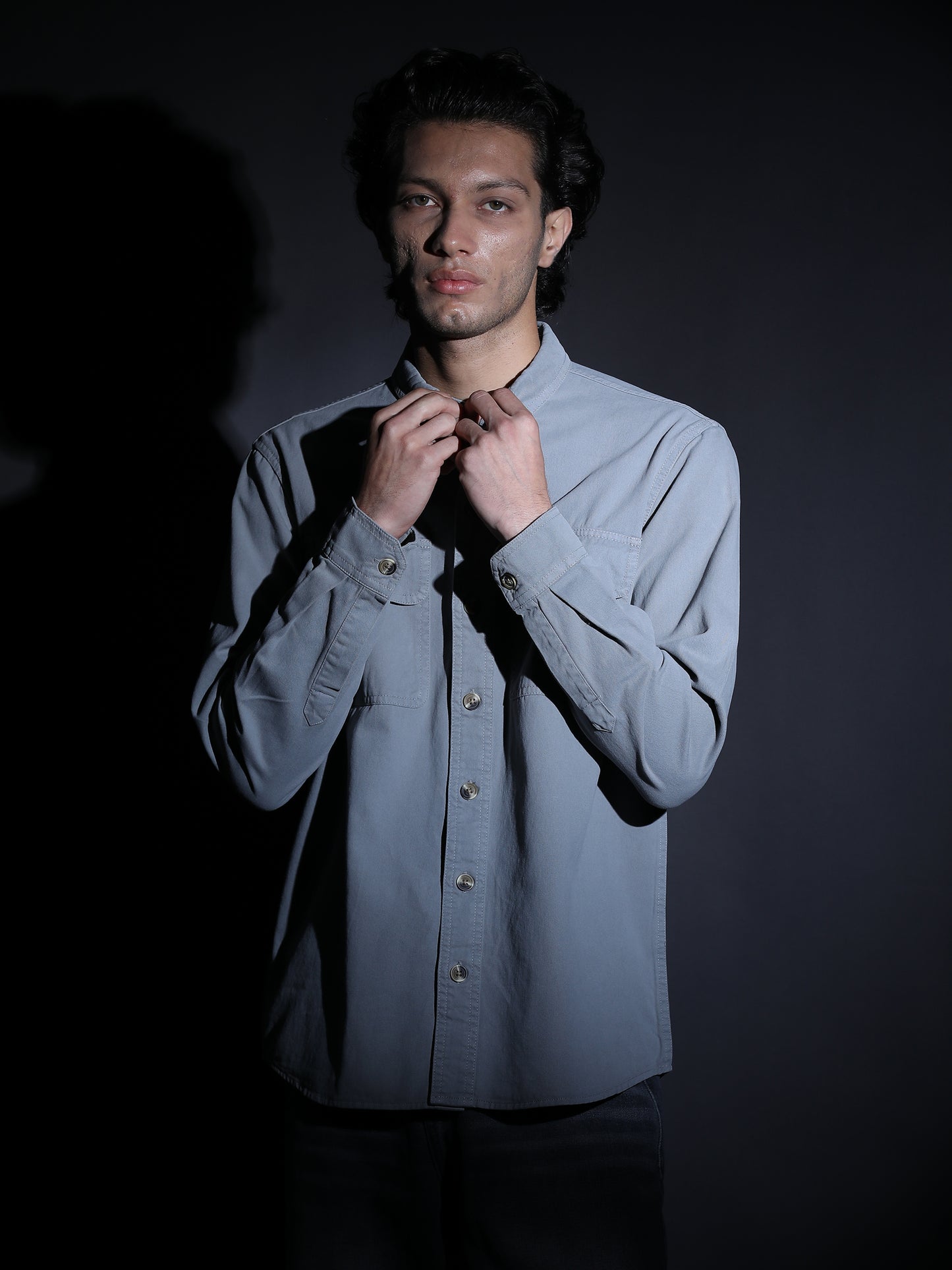 REGULAR FIT PLAIN DOUBLE POCKET SHIRT GREY