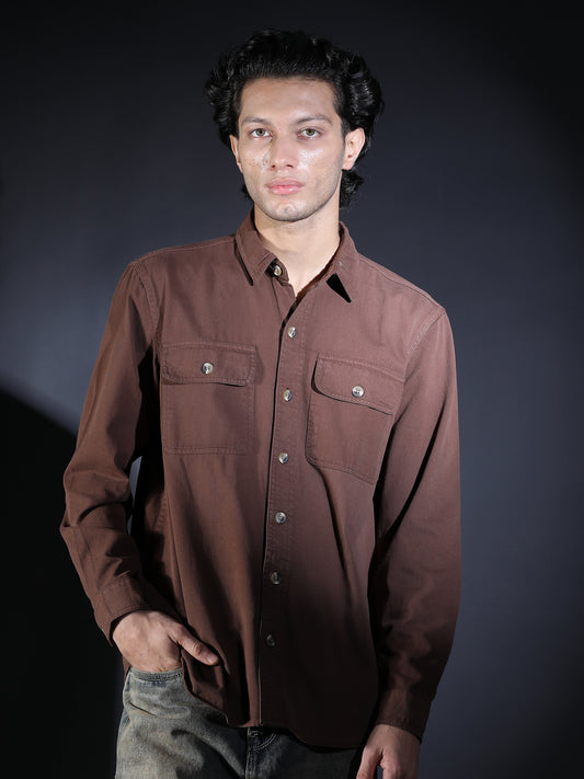 REGULAR FIT PLAIN DOUBLE POCKET SHIRT BROWN