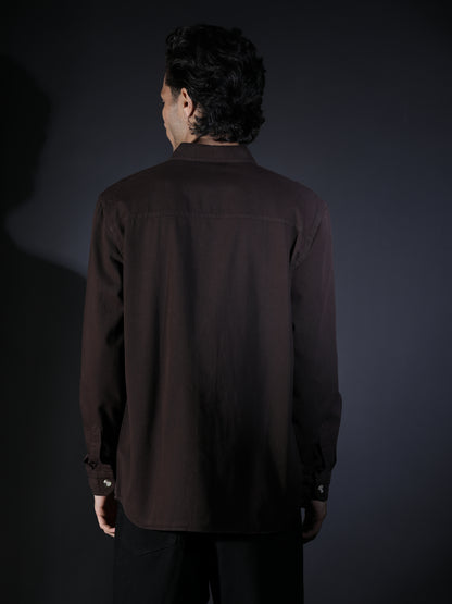 REGULAR FIT PLAIN DOUBLE POCKET SHIRT DARK BROWN