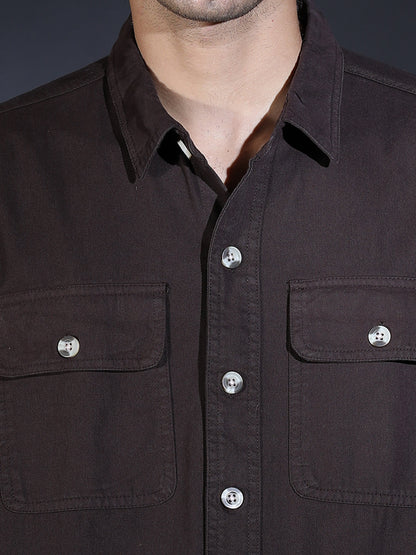 REGULAR FIT PLAIN DOUBLE POCKET SHIRT DARK BROWN