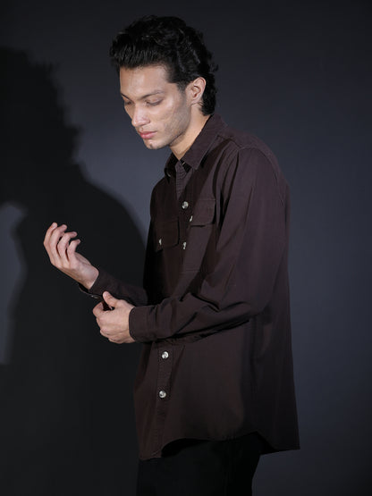 REGULAR FIT PLAIN DOUBLE POCKET SHIRT DARK BROWN