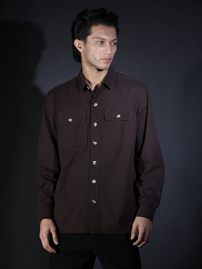 REGULAR FIT PLAIN DOUBLE POCKET SHIRT DARK BROWN