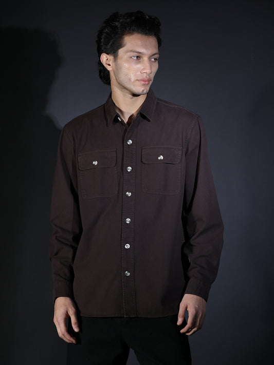 REGULAR FIT PLAIN DOUBLE POCKET SHIRT DARK BROWN
