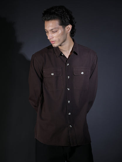 REGULAR FIT PLAIN DOUBLE POCKET SHIRT DARK BROWN