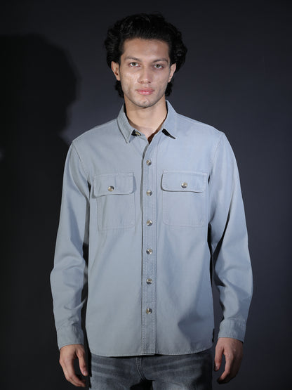 REGULAR FIT PLAIN DOUBLE POCKET SHIRT GREY