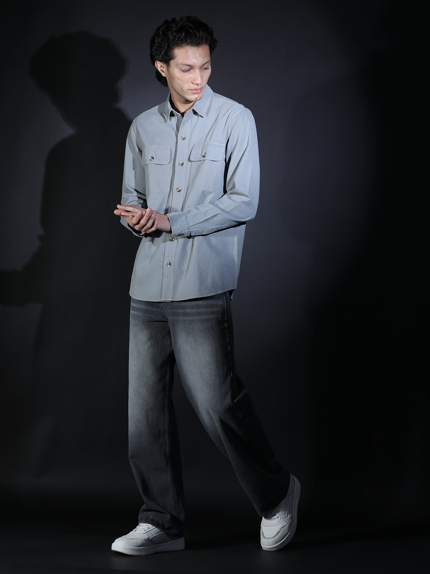 REGULAR FIT PLAIN DOUBLE POCKET SHIRT GREY