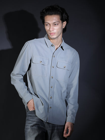 REGULAR FIT PLAIN DOUBLE POCKET SHIRT GREY